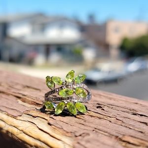NEW STERLING SILVER 925 +14k GOLD PLATED Peridot + Rhodolite Garnet + CZ Ring